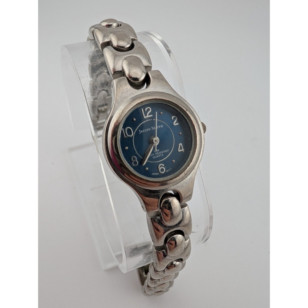 Jaclyn Smith Watch Women 22mm Case Blue Dial‎ 7" Silver Band- New Battery
